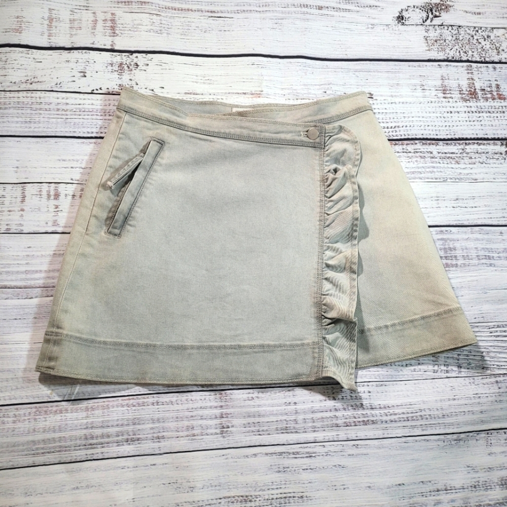 Cache Denim Distressed Vintage Ruffle Wrap Mini Skirt